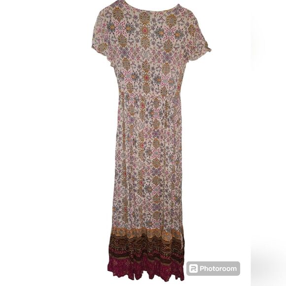 Patrons of Peace Boho Cream Floral Print True Wrap Maxi Dress Short Sleeve - M - Picture 7 of 7